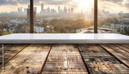 Wooden table and white podium, blurred urban backdrop, perfect for panoramic product displays.