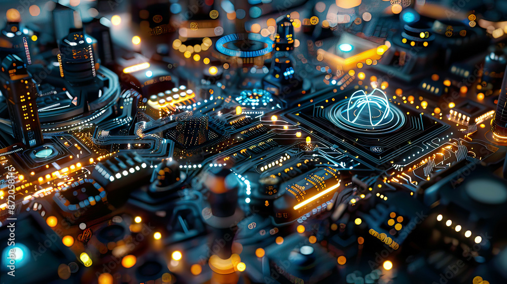 Obraz premium Abstract tech background with quantum computer architecture 3D illustration fantastic night city futuristic technologies global communication network intricate design 