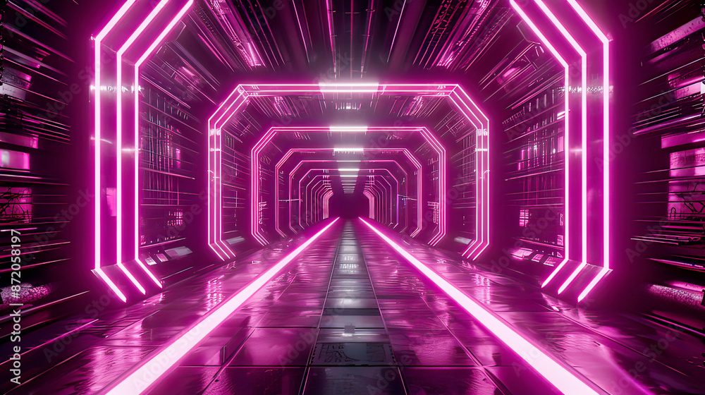 Abstract tunnel with futuristic pink neon light urban background geometric structure 3D render big data quantum computer storage cyber safety virtual reality Abstract tunnel with futuristic pink neon light urban background geometric structure 3D render big data quantum computer storage cyber safety virtual reality