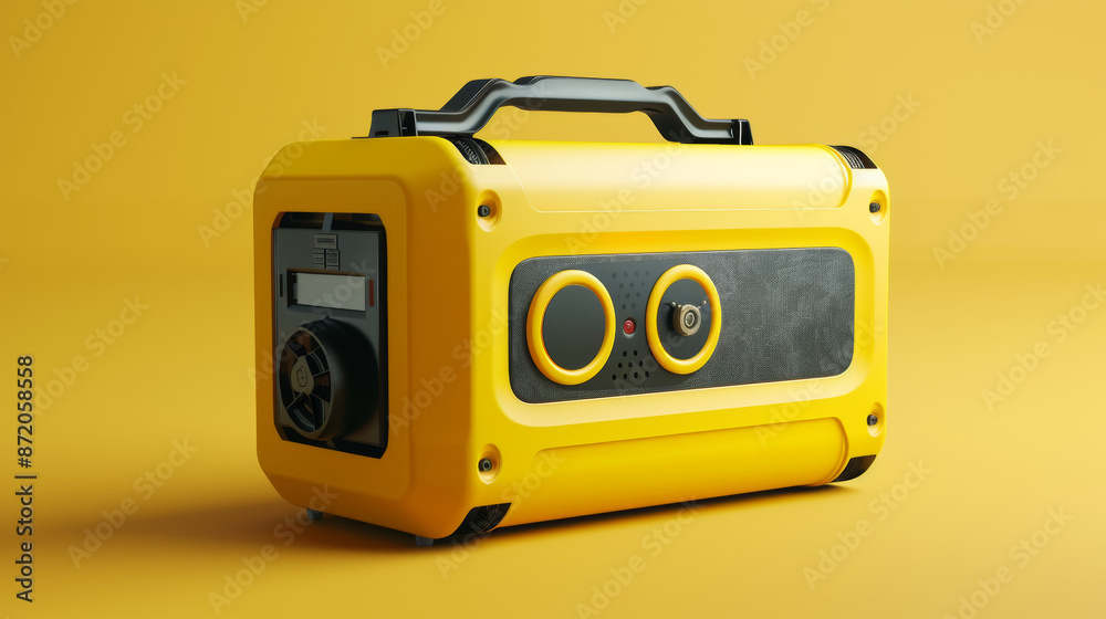 A bright yellow portable generator in 3D. It gives backup power in an emergency. Modern tech and cool design. A bright yellow portable generator in 3D. It gives backup power in an emergency. Modern tech and cool design.