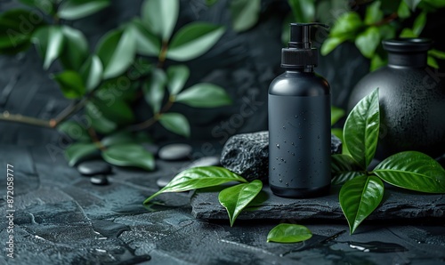 frame of men s skin care products in black bottles, green leaves on stone background premium packaging design branding.stock image