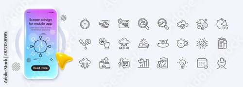 Search employees, Healthcare calendar and Cloud computing line icons for web app. Phone mockup gradient screen. Pack of Cogwheel timer, Full rotation, Chemistry pipette pictogram icons. Vector