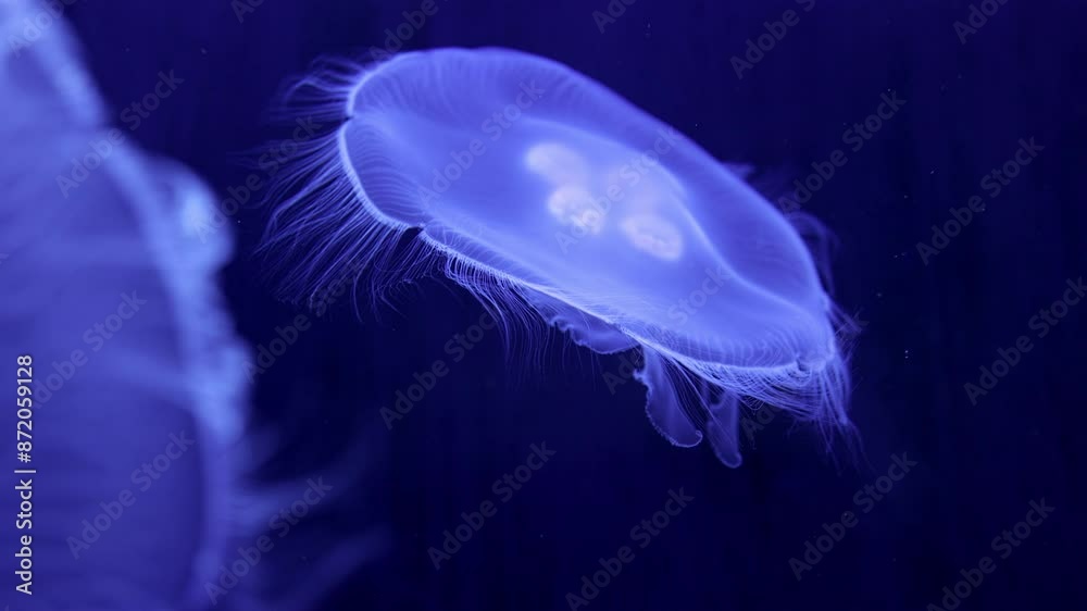Eared aurelia, or eared jellyfish in an aquarium. Inhabits the coastal waters of temperate and tropical seas, the Black and Mediterranean seas. Eared aurelia, or eared jellyfish in an aquarium. Inhabits the coastal waters of temperate and tropical seas, the Black and Mediterranean seas.