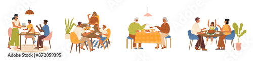 Happy family eating dinner, celebrating holidays together scene set