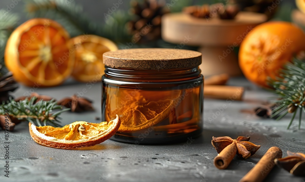 amber glass jar of moisturizer, cinnamon sticks, slice of dried orange natural face cream packaging design.illustration amber glass jar of moisturizer, cinnamon sticks, slice of dried orange natural face cream packaging design.illustration