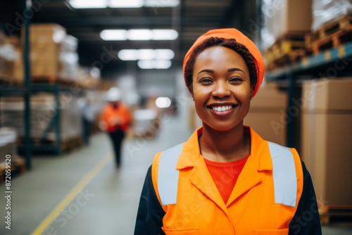 Portrait of a smiling young woman working in warehouse with boxes © Geber86