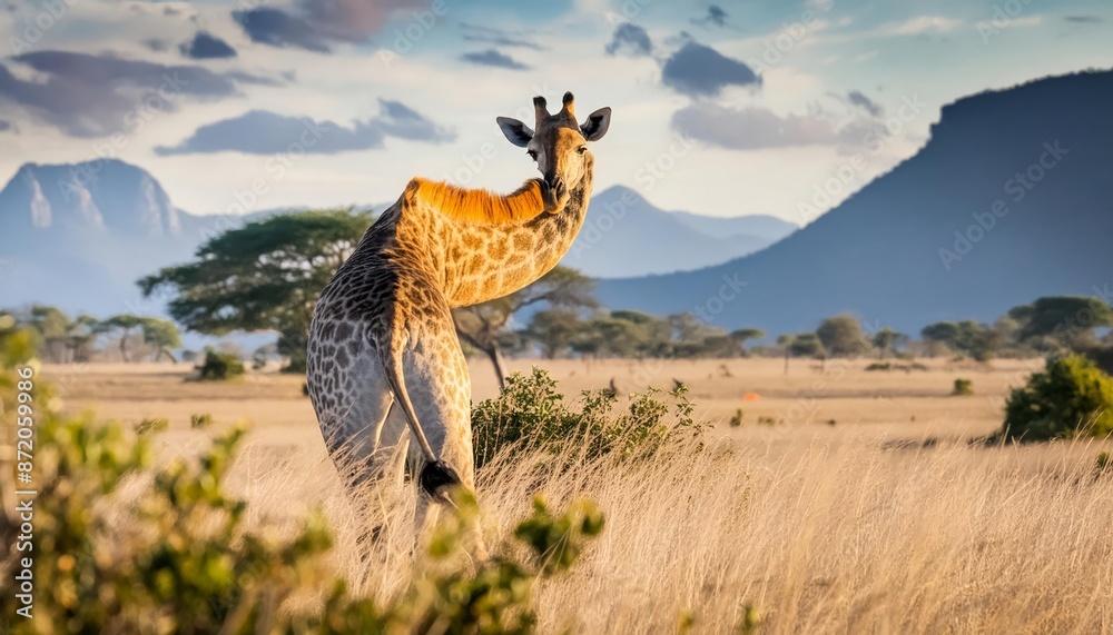 Fototapeta premium giraffe in the grasslands of the game reserve in Southern Africa , generated by AI. High quality photo