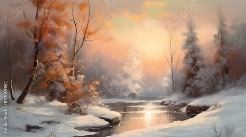 Winter landscape. Retro oil painting. Realistic wall picture of winter and Christmas. Christmas Card