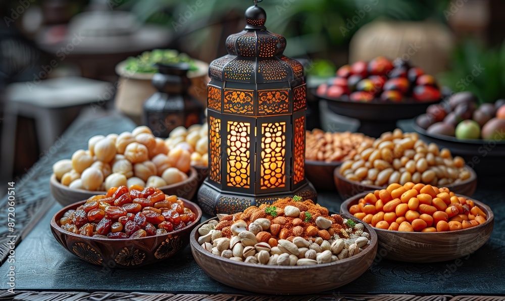 ramadan kareem muslim food trays of dates, nuts wooden lantern in form of mosque on dark blue table.illustration ramadan kareem muslim food trays of dates, nuts wooden lantern in form of mosque on dark blue table.illustration
