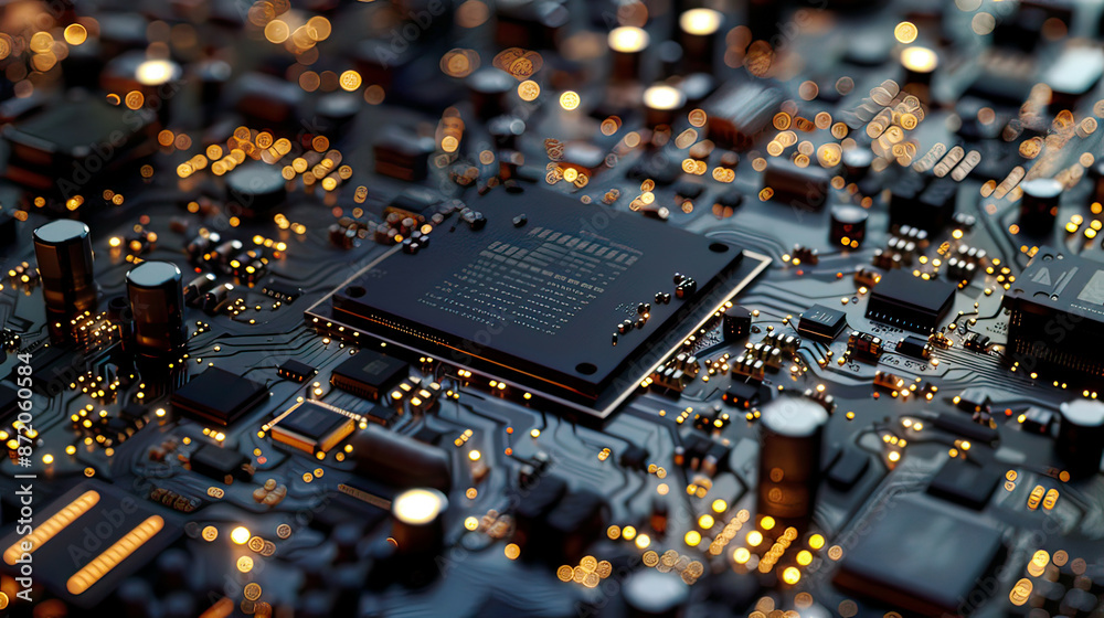 CPU chip on motherboard abstract 3D render processor computer chip circuit board with microchips and other computer parts intricate design CPU chip on motherboard abstract 3D render processor computer chip circuit board with microchips and other computer parts intricate design