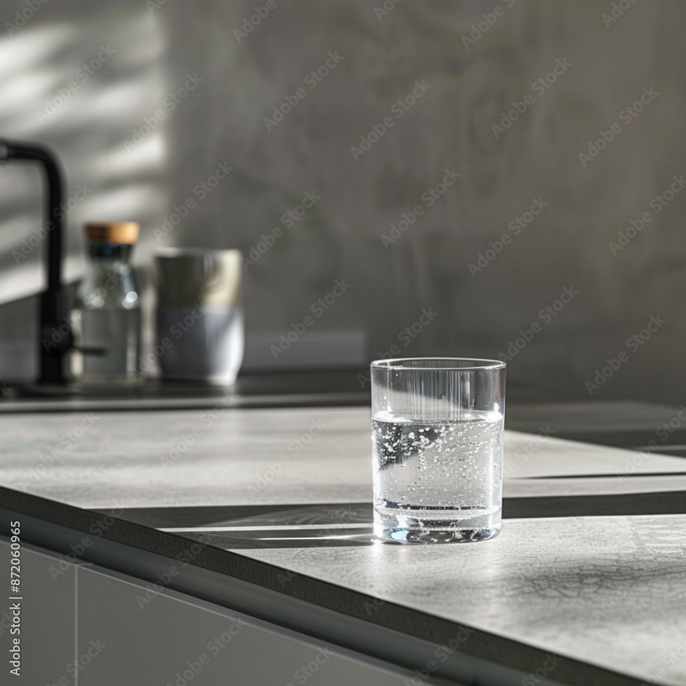 a cinematic close up photo of a glass of water on a counter of a clean grey kitchen a cinematic close up photo of a glass of water on a counter of a clean grey kitchen