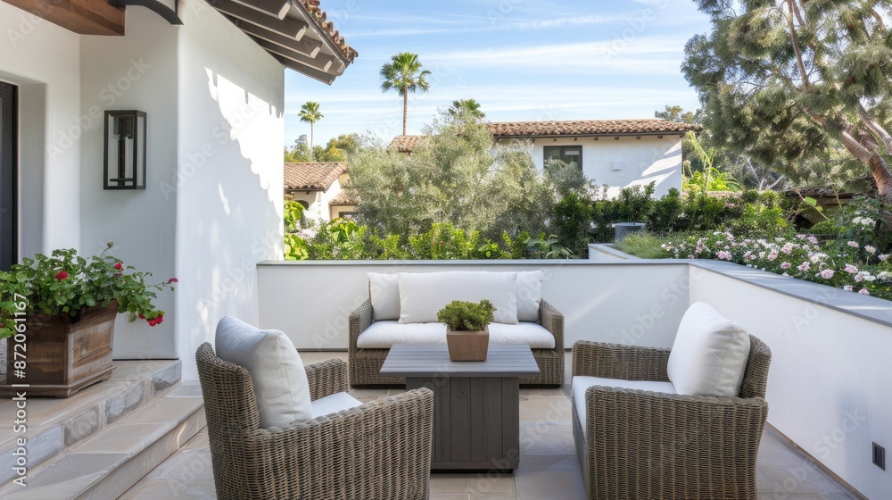 Two gray wicker sofas and a small table sit on a patio in front of an old European building, surrounded by cobblestones Two gray wicker sofas and a small table sit on a patio in front of an old European building, surrounded by cobblestones