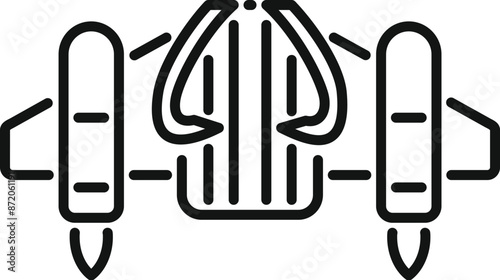 Black and white icon of a spacecraft launching from a base with smoke coming out of its engines