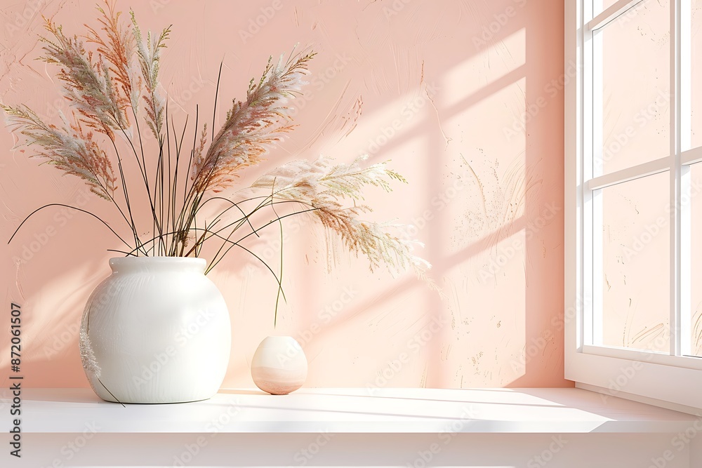 White window sill on peach wall, boho-style vase and grasses, minimalist product mockup, shallow depth of field. White window sill on peach wall, boho-style vase and grasses, minimalist product mockup, shallow depth of field.