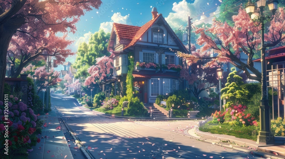 Whimsical anime neighborhood with a quaint house on a quiet street, accented by colorful flowers and soft sunlight Whimsical anime neighborhood with a quaint house on a quiet street, accented by colorful flowers and soft sunlight