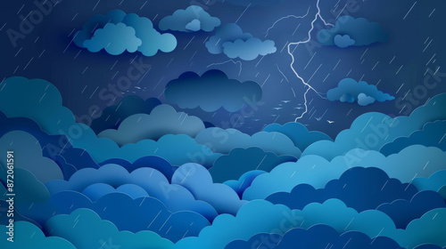 An image of a dark blue sky with clouds and rain. There is a lightning bolt in the distance and the paper cut style gives the image a layered effect. photo