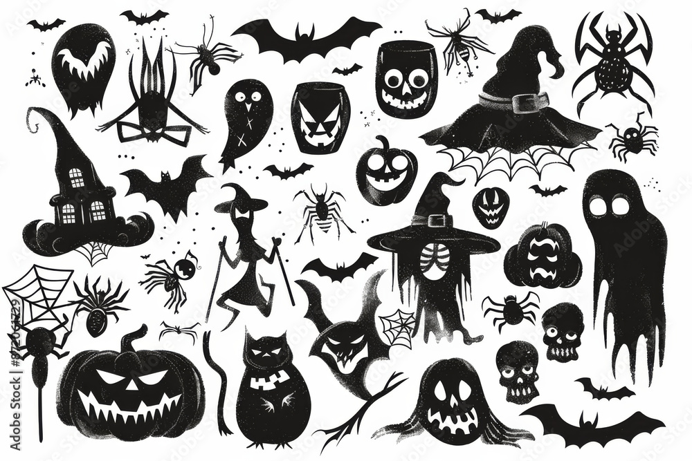 Collection of halloween silhouettes icon and character., witch, creepy and spooky elements for halloween decorations, silhouettes, sketch, icon, sticker. Hand drawn vector illustration - Vector Collection of halloween silhouettes icon and character., witch, creepy and spooky elements for halloween decorations, silhouettes, sketch, icon, sticker. Hand drawn vector illustration - Vector