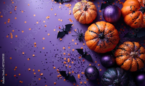 happy halloween holiday party composition, pumpkins skeletons spiders bats confetti on purple background top view flat lay.stock photo
