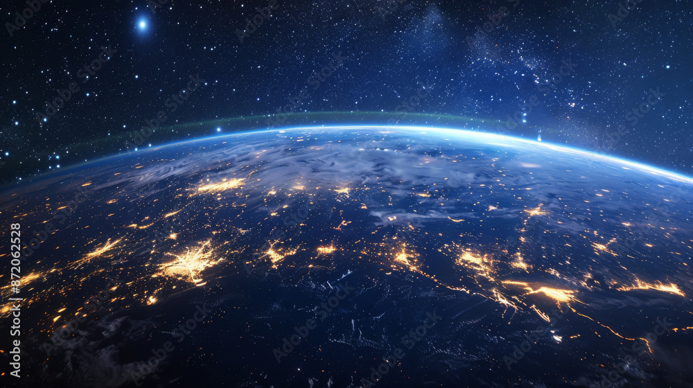 Obraz premium City lights at night with a planet. Thought of technology that links people in a city.