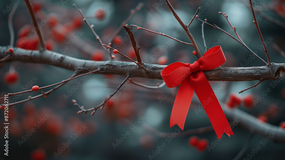 Red ribbon tied on tree branch symbolizing remembrance, hope, awareness and support fight for against aids Red ribbon tied on tree branch symbolizing remembrance, hope, awareness and support fight for against aids
