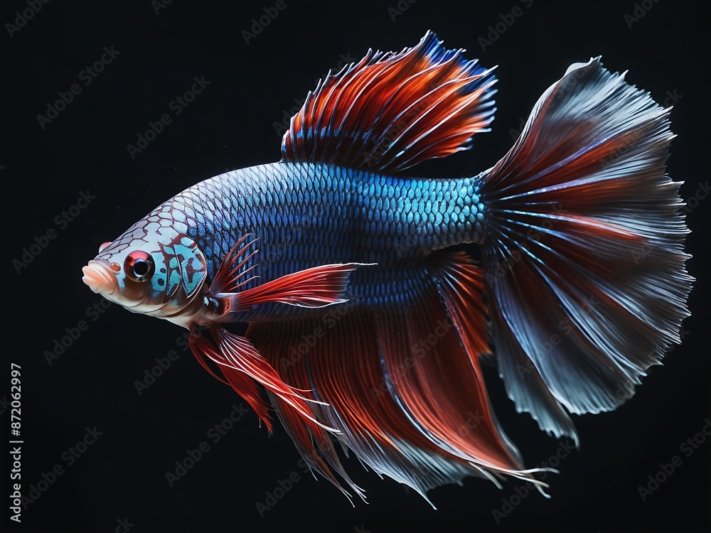 Elegant blue and red rose tail betta fish. Beautiful movement of Siamese fighting fish, Betta splendens, Halfmoon Betta isolated on black background. Elegant blue and red rose tail betta fish. Beautiful movement of Siamese fighting fish, Betta splendens, Halfmoon Betta isolated on black background.