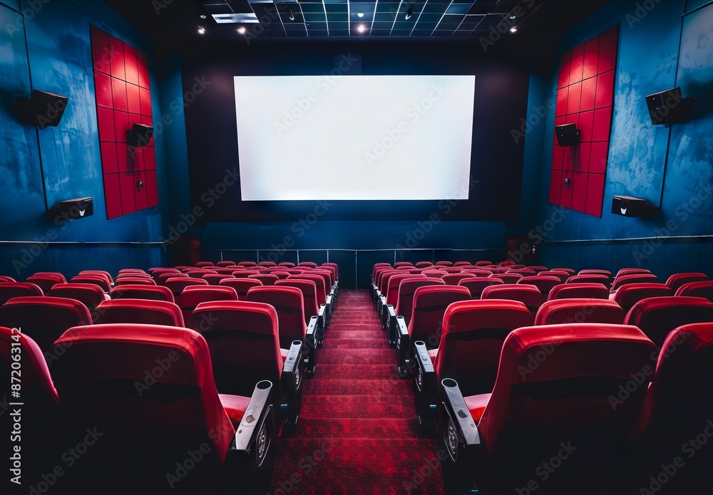 A movie theater with red seats and a screen. A movie theater with red seats and a screen.
