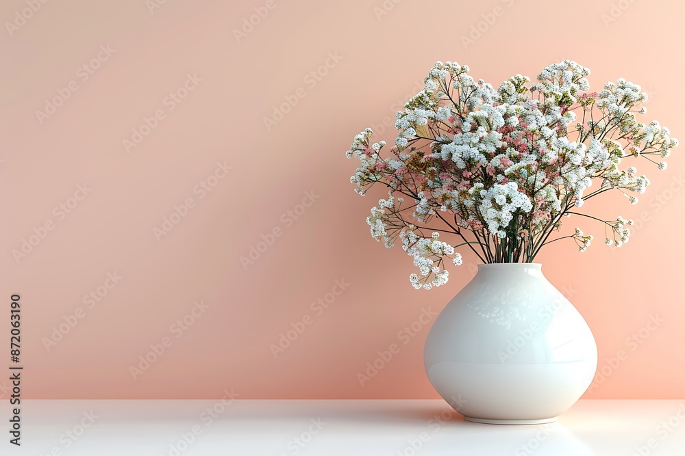 White vase with small flowers on a peach wall, minimalistic home decor, modern living room ambiance. White vase with small flowers on a peach wall, minimalistic home decor, modern living room ambiance.