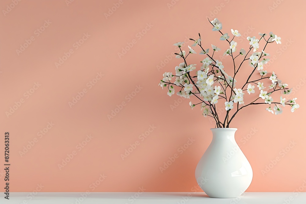 White vase with small flowers against a peach wall, minimalist home interior design, modern living room ambiance. White vase with small flowers against a peach wall, minimalist home interior design, modern living room ambiance.
