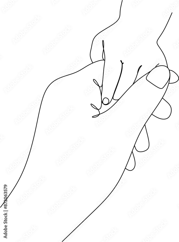 Single line drawn hand gestures, minimalistic parent hand and baby, children hand holding finger. Love, motherhood, paternity, childhoodб care sign. Linear drawing Single line drawn hand gestures, minimalistic parent hand and baby, children hand holding finger. Love, motherhood, paternity, childhoodб care sign. Linear drawing