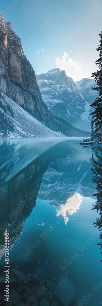 Fototapeta premium Majestic mountain landscape with crystal clear lake reflecting snowy peaks