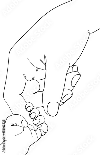Single line drawn hand gestures, minimalistic parent hand and baby, children hand holding finger. Love, motherhood, paternity, childhoodб care sign. Linear drawing 