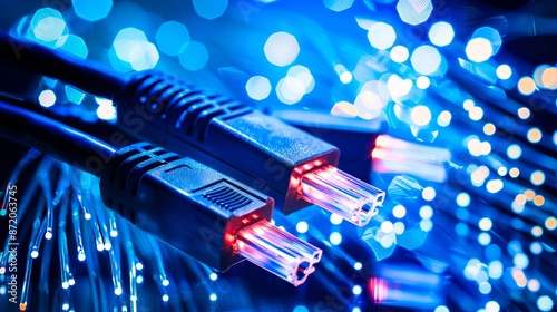 A close up of a blue cable with lights.