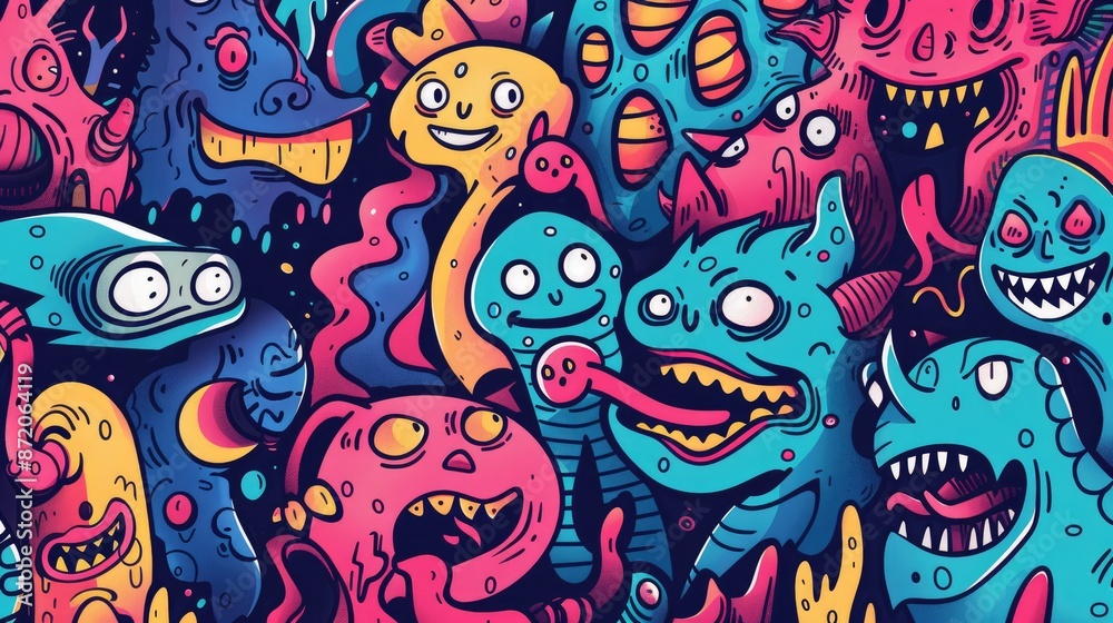 Hand-drawn cartoon illustration background with whimsical characters and vibrant colors, perfect for playful designs Hand-drawn cartoon illustration background with whimsical characters and vibrant colors, perfect for playful designs