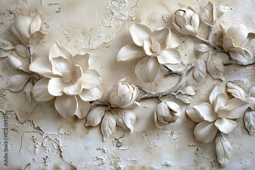 Stucco relief of pale white magnolia blooms © Mari