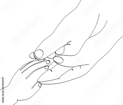 Single continuous line drawing baby hand. Closeup of baby hand into parents hands. Family concept. Tiny Newborn Baby's and parent hands.