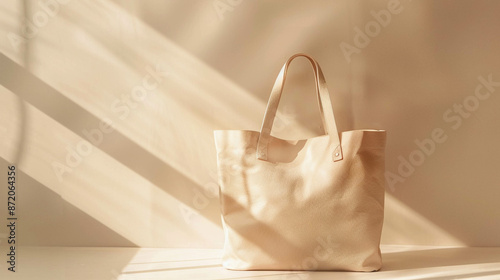 Fashion bag in light beige colors on a light beige background. Neutral colors photo