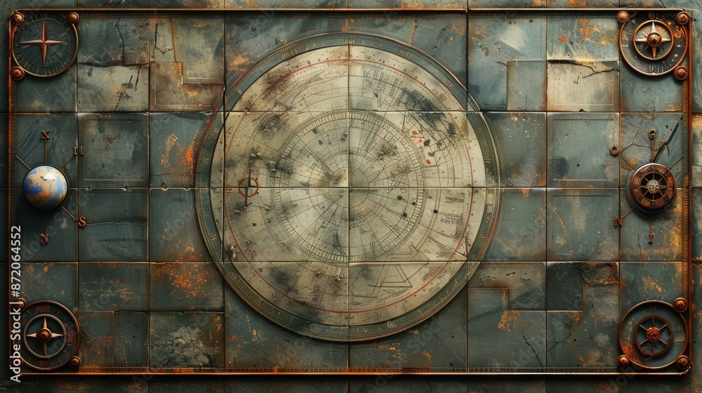 © Gayan - Antique Rustic Steampunk World Map, Gears and Coordinates