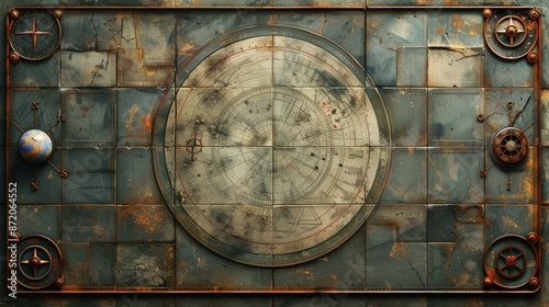 Antique Rustic Steampunk World Map, Gears and Coordinates photo