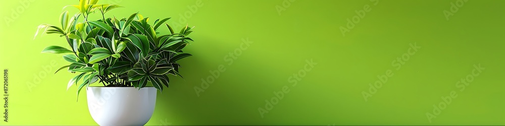 White pot with a lush plant on a bright green background, perfect for minimalist interior mockups. White pot with a lush plant on a bright green background, perfect for minimalist interior mockups.