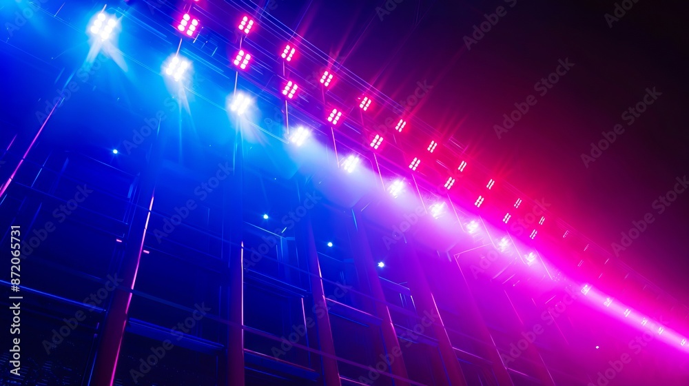 A large building with bright lights and a stage. A large building with bright lights and a stage.