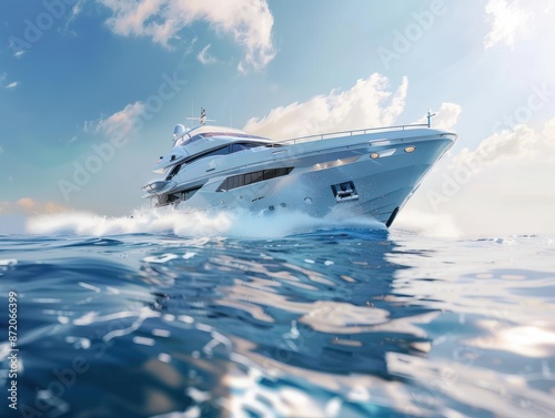 Fast moving luxury yacht in sea water with water splash.
