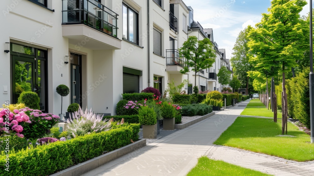 A row of white townhouses with black metal fences and green lawns in front of them A row of white townhouses with black metal fences and green lawns in front of them