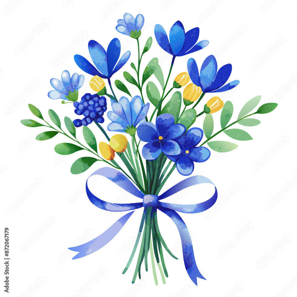 Obraz premium Blue watercolor wildflower bouquet binding with ribbon vector illustration 