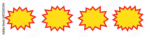 Blank sale tags. Ribbon sale banners. Red and yellow starburst stickers. Pop art funny bang bubble on white background. Cartoon comic style.