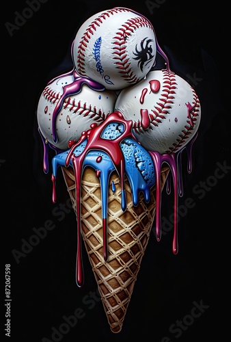 an ice cream cone with three balls in the style of baseball, each ball is painted to look like it's dripping and melting onto its surroundings - AI Generated Digital Art
