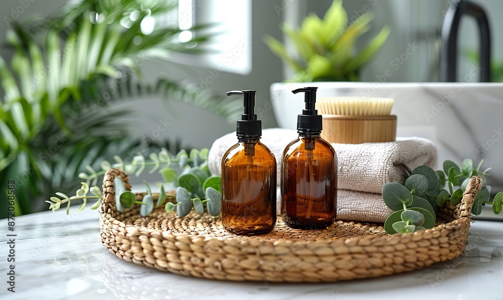 brown pump cosmetic bottles in rattan tray, eucalyptus leaves, towel spa natural organic beauty products on table in bathroom.stock image brown pump cosmetic bottles in rattan tray, eucalyptus leaves, towel spa natural organic beauty products on table in bathroom.stock image