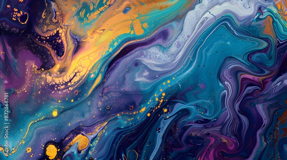 A vibrant abstract painting with swirling patterns of blues, purples, and golds, creating a sense of movement and depth A vibrant abstract painting with swirling patterns of blues, purples, and golds, creating a sense of movement and depth