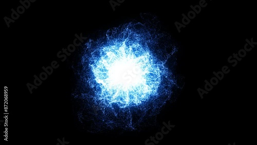 Source Of Limitless Energy. Blue Fire Power Ball On Black Background. Seamless Loop 