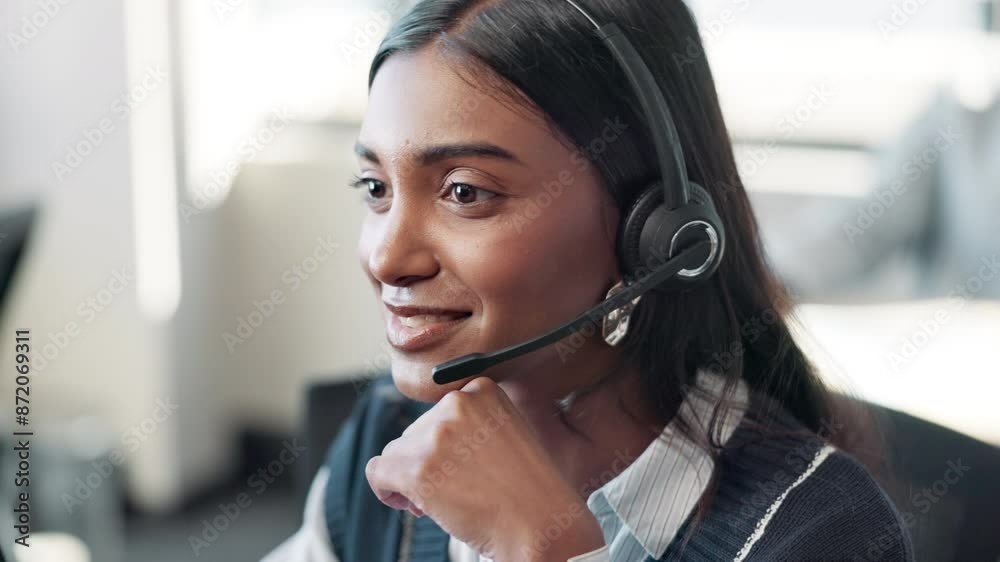 Employee, Indian woman and computer at call center with microphone for customer support or service. Office, crm and advisor or consultant in conversation, telemarketing and communication at help desk Employee, Indian woman and computer at call center with microphone for customer support or service. Office, crm and advisor or consultant in conversation, telemarketing and communication at help desk