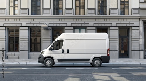 A white cargo van drives on a city street during the day